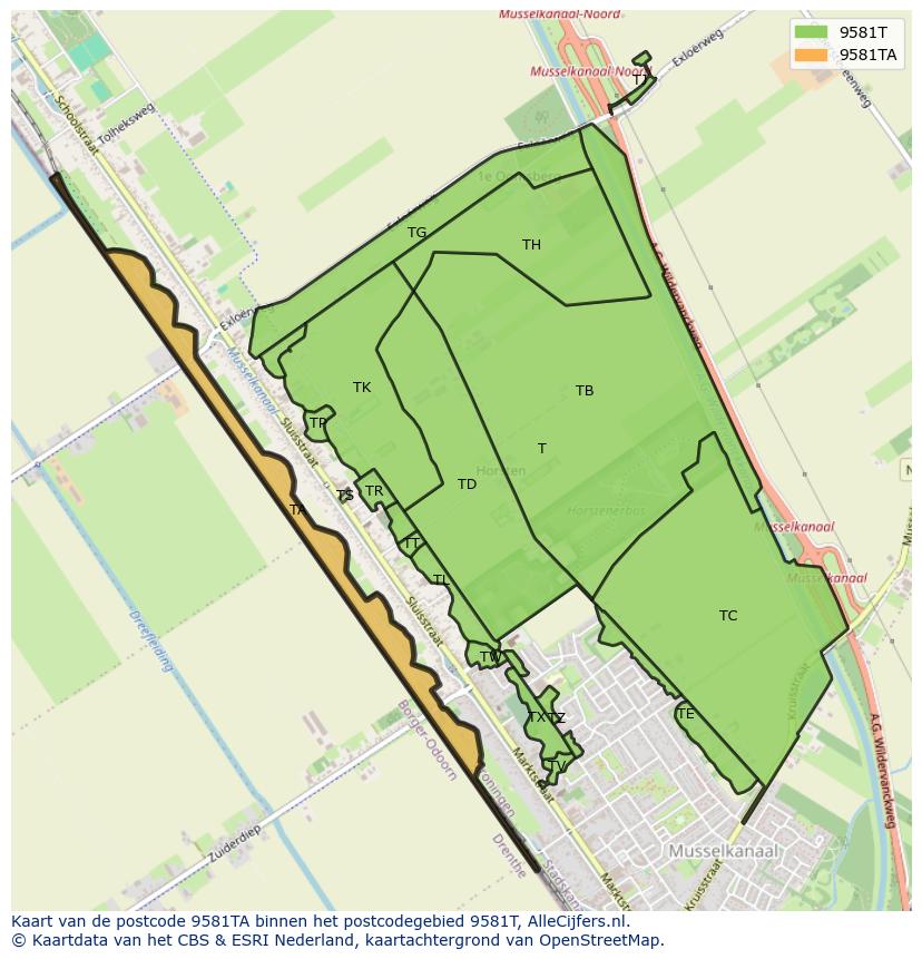 Afbeelding van het postcodegebied 9581 TA op de kaart.