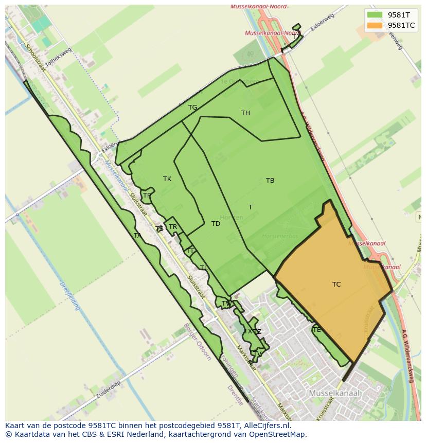 Afbeelding van het postcodegebied 9581 TC op de kaart.