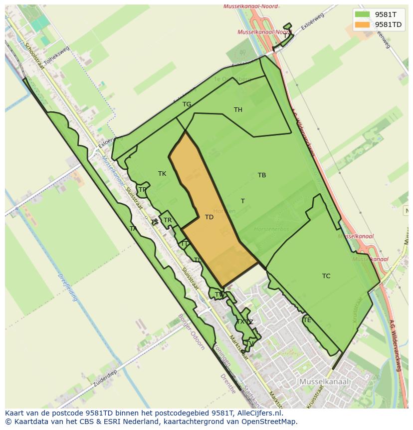 Afbeelding van het postcodegebied 9581 TD op de kaart.