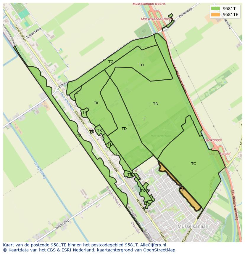 Afbeelding van het postcodegebied 9581 TE op de kaart.