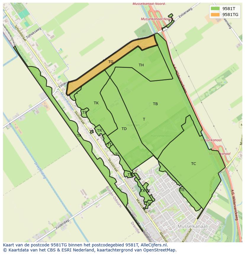 Afbeelding van het postcodegebied 9581 TG op de kaart.