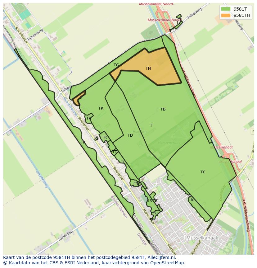 Afbeelding van het postcodegebied 9581 TH op de kaart.