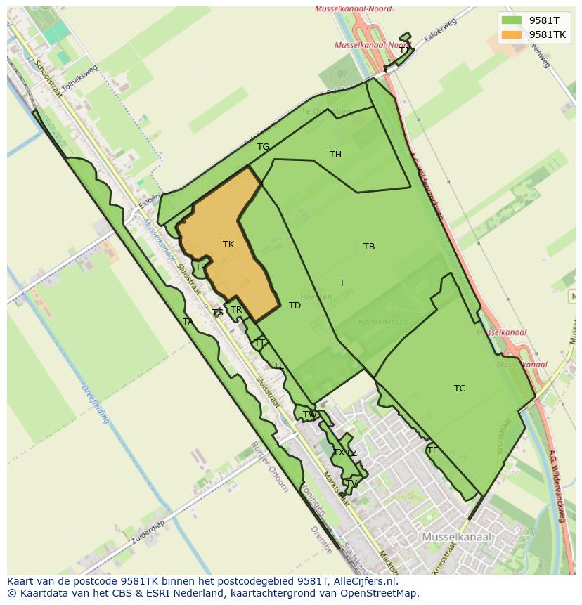 Afbeelding van het postcodegebied 9581 TK op de kaart.