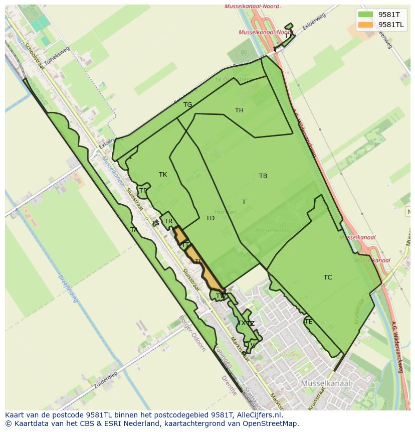Afbeelding van het postcodegebied 9581 TL op de kaart.