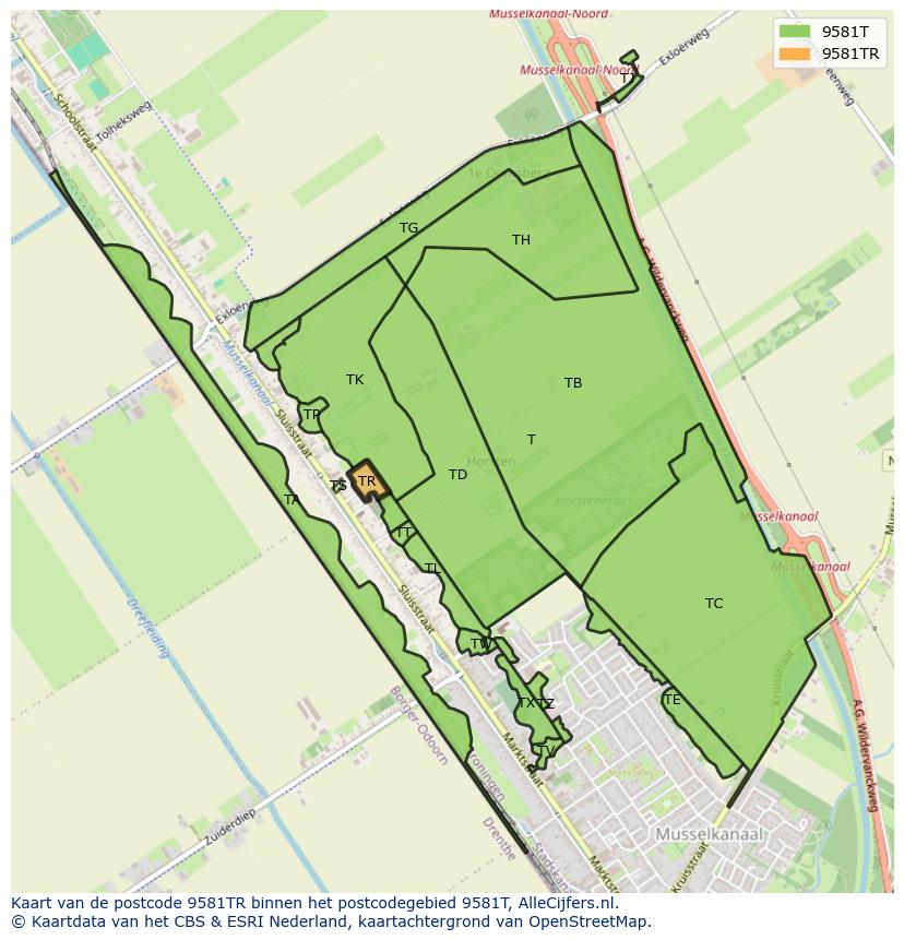 Afbeelding van het postcodegebied 9581 TR op de kaart.