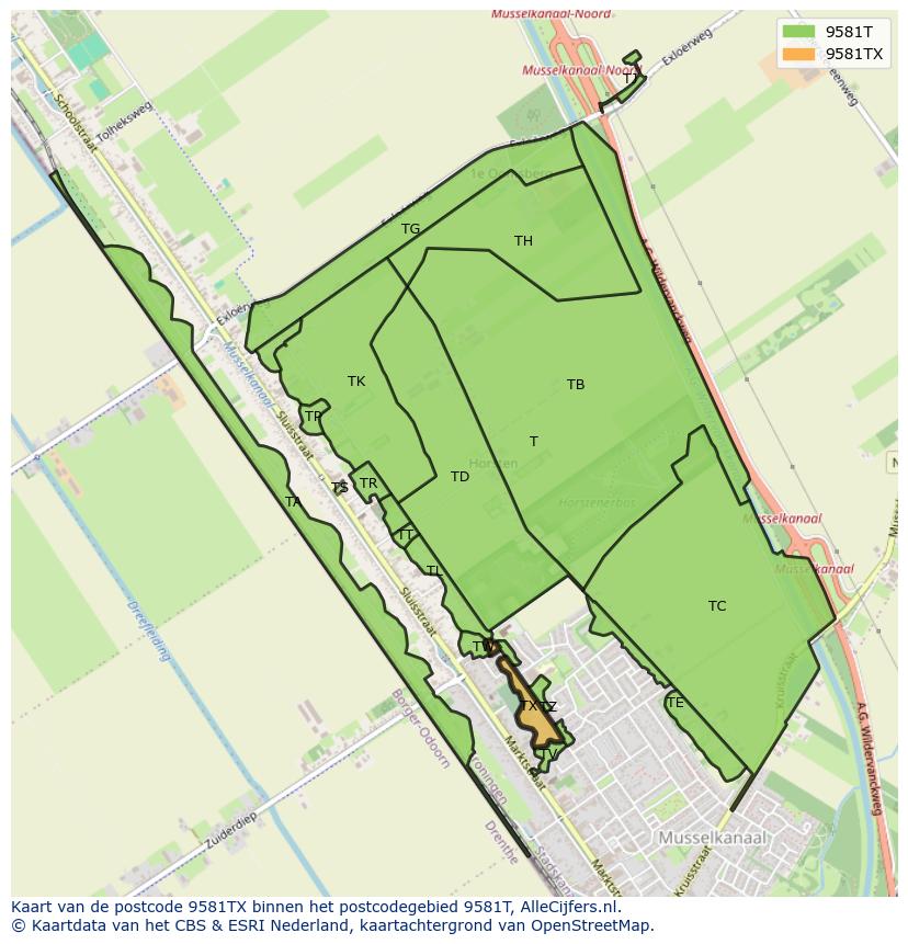 Afbeelding van het postcodegebied 9581 TX op de kaart.
