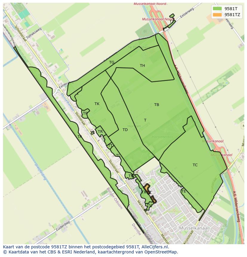 Afbeelding van het postcodegebied 9581 TZ op de kaart.
