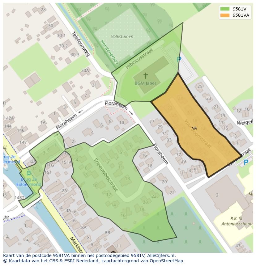 Afbeelding van het postcodegebied 9581 VA op de kaart.