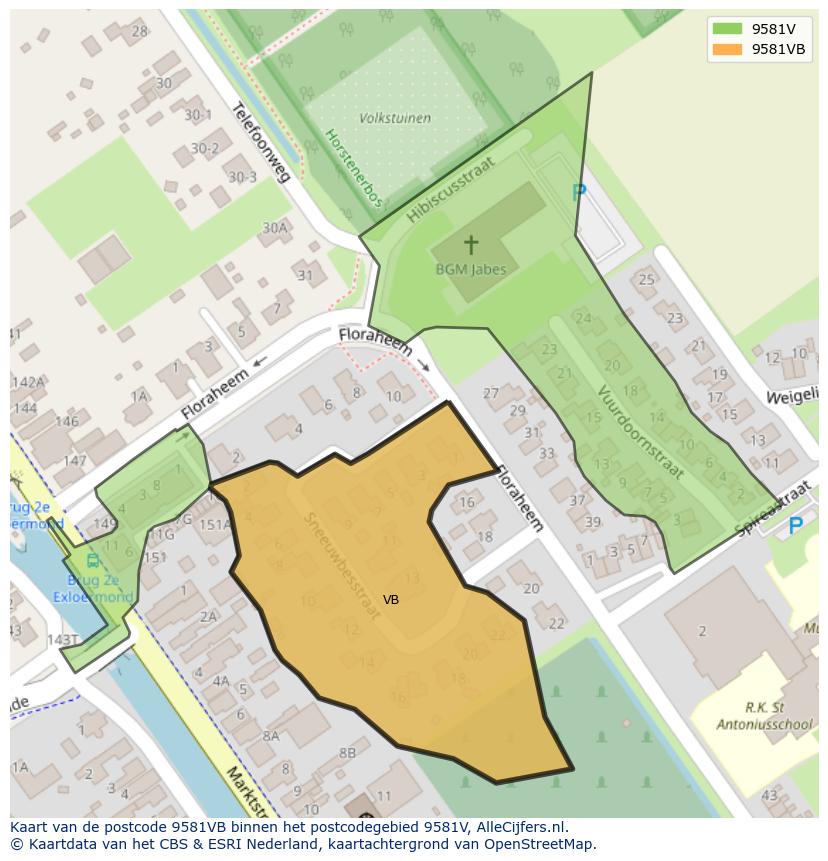 Afbeelding van het postcodegebied 9581 VB op de kaart.