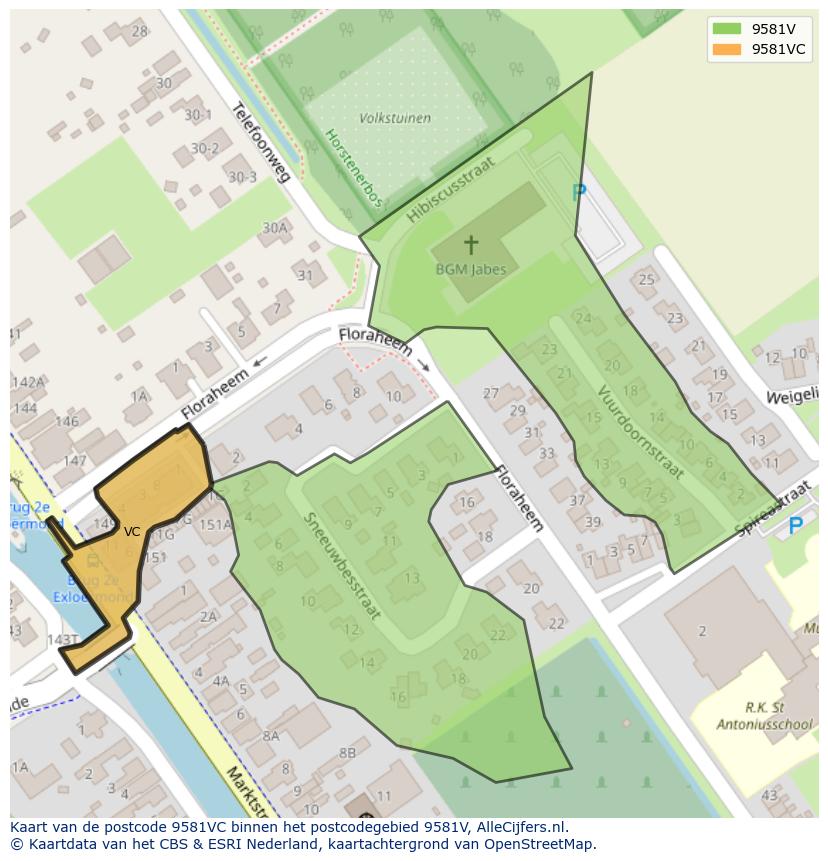 Afbeelding van het postcodegebied 9581 VC op de kaart.