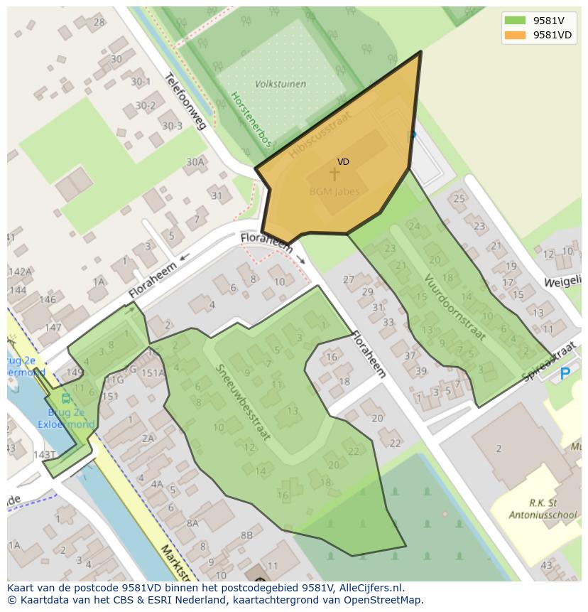 Afbeelding van het postcodegebied 9581 VD op de kaart.
