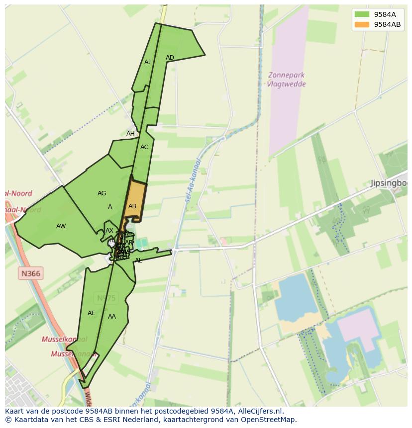 Afbeelding van het postcodegebied 9584 AB op de kaart.