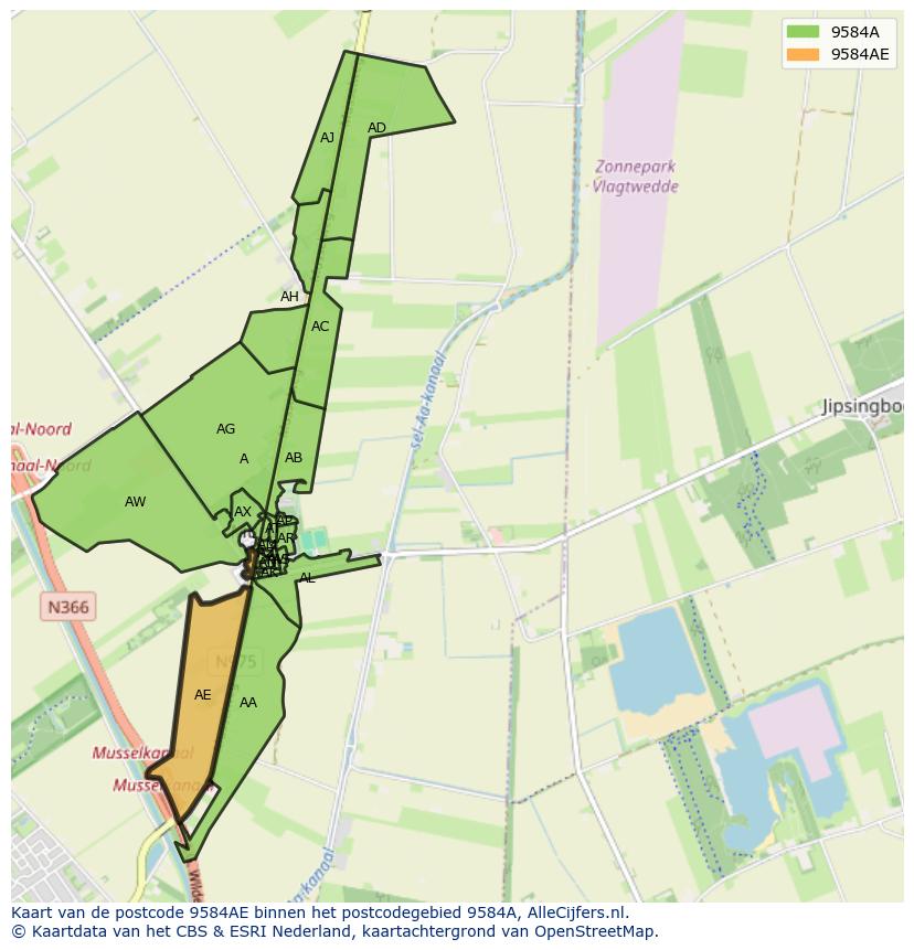 Afbeelding van het postcodegebied 9584 AE op de kaart.