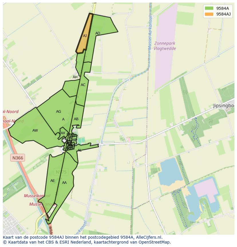 Afbeelding van het postcodegebied 9584 AJ op de kaart.