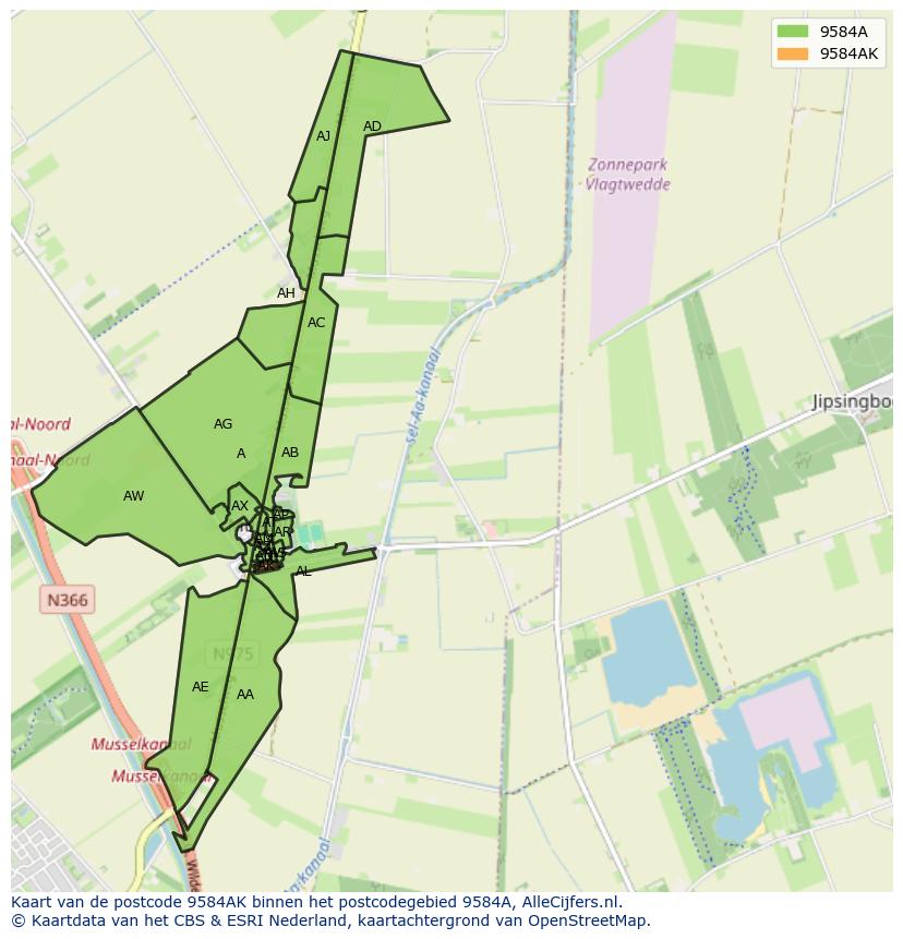 Afbeelding van het postcodegebied 9584 AK op de kaart.