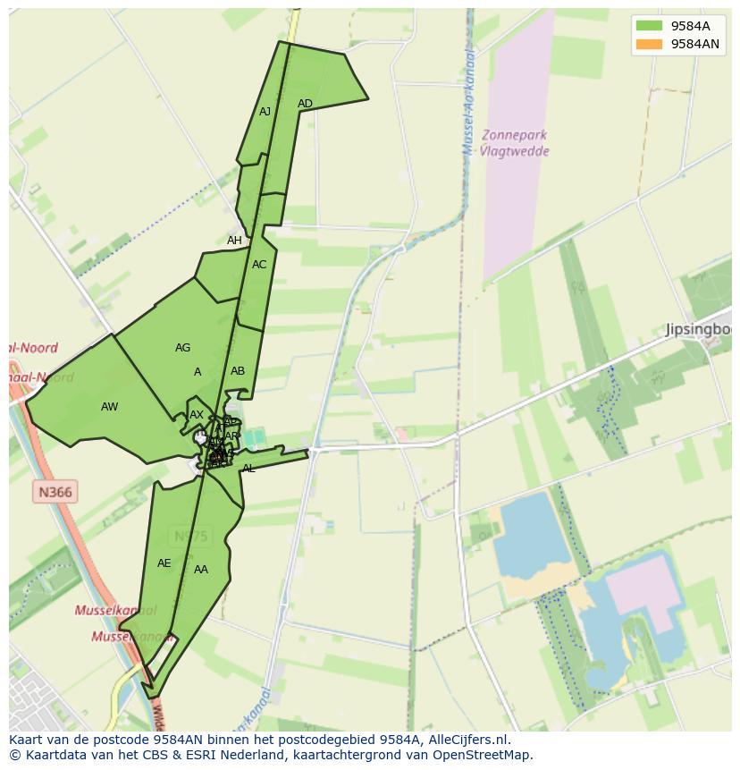 Afbeelding van het postcodegebied 9584 AN op de kaart.