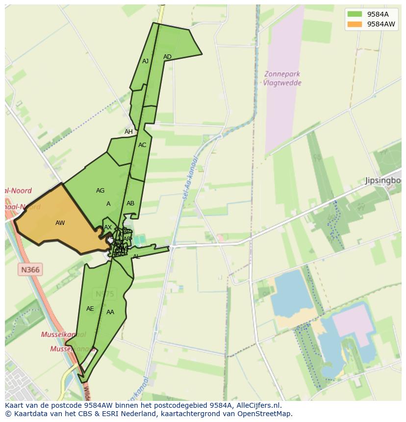 Afbeelding van het postcodegebied 9584 AW op de kaart.