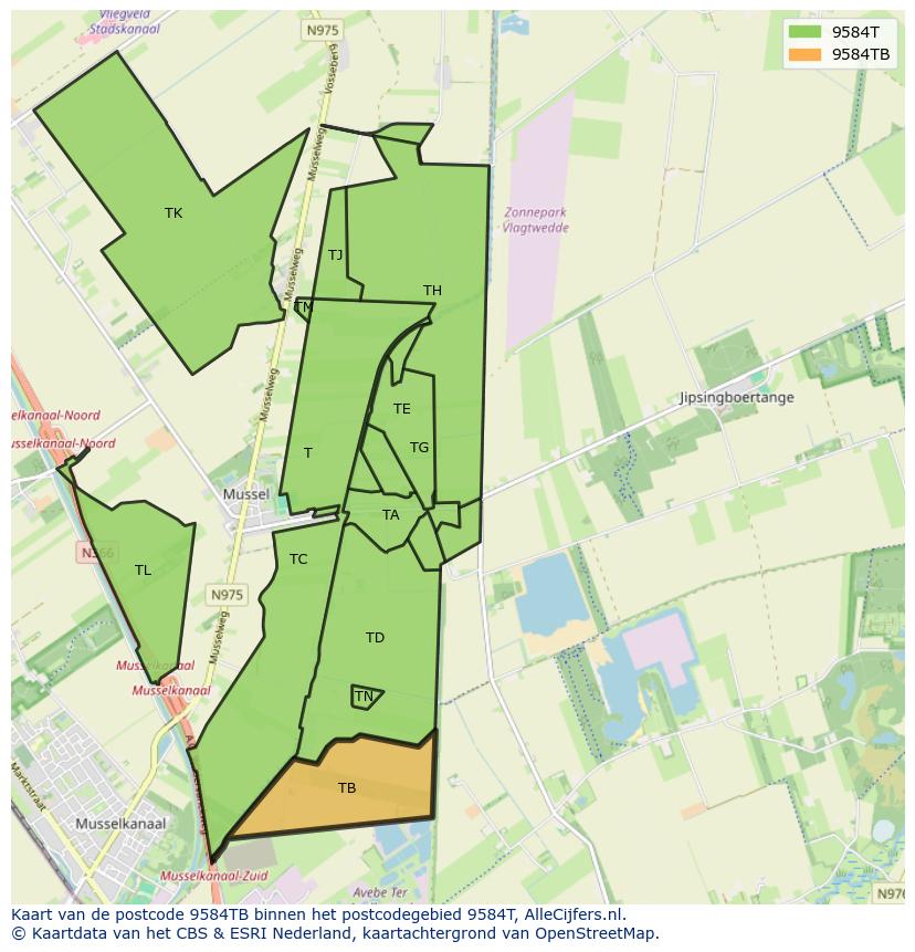 Afbeelding van het postcodegebied 9584 TB op de kaart.