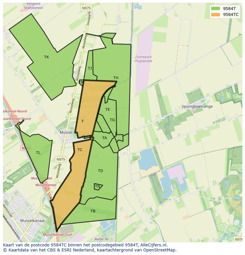 Afbeelding van het postcodegebied 9584 TC op de kaart.