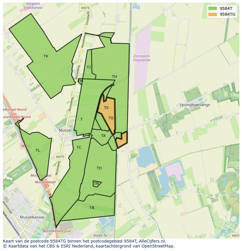 Afbeelding van het postcodegebied 9584 TG op de kaart.
