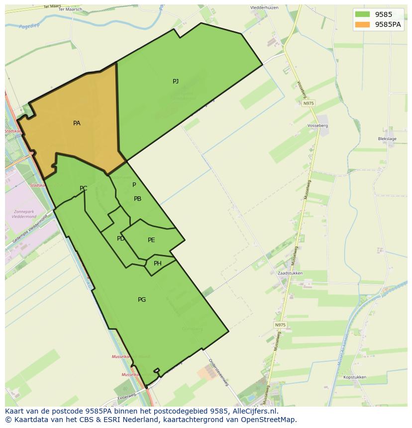 Afbeelding van het postcodegebied 9585 PA op de kaart.