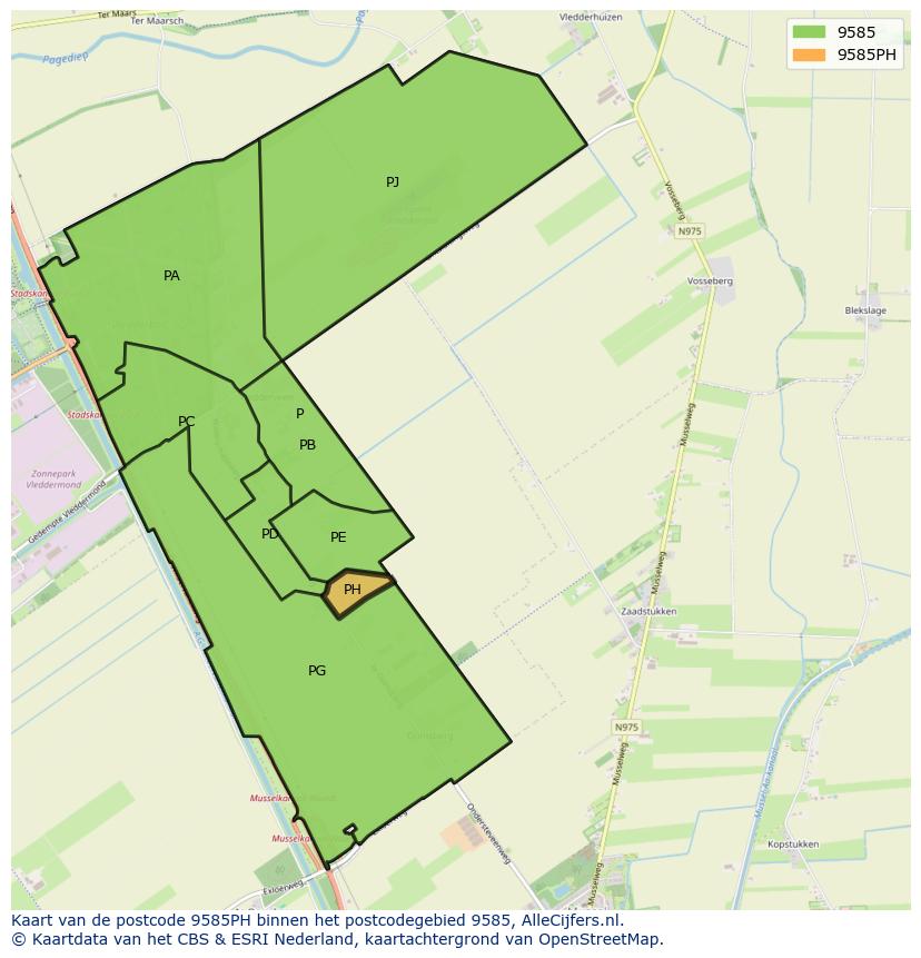Afbeelding van het postcodegebied 9585 PH op de kaart.