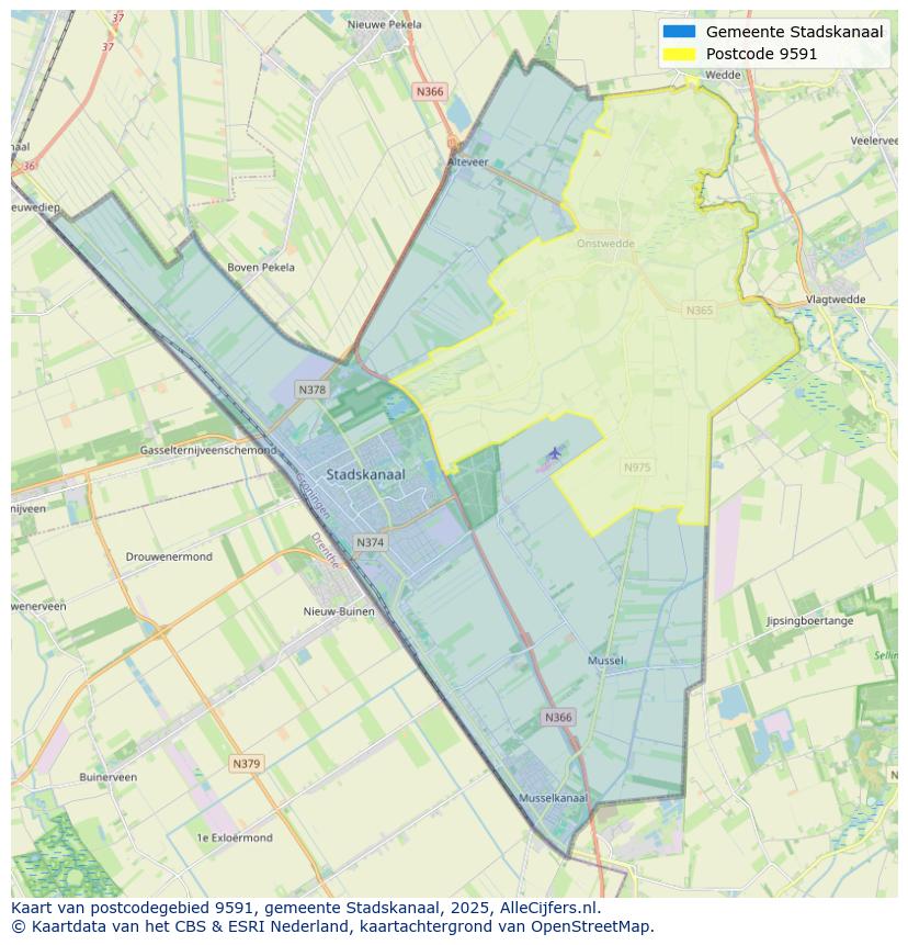 Afbeelding van het postcodegebied 9591 op de kaart.
