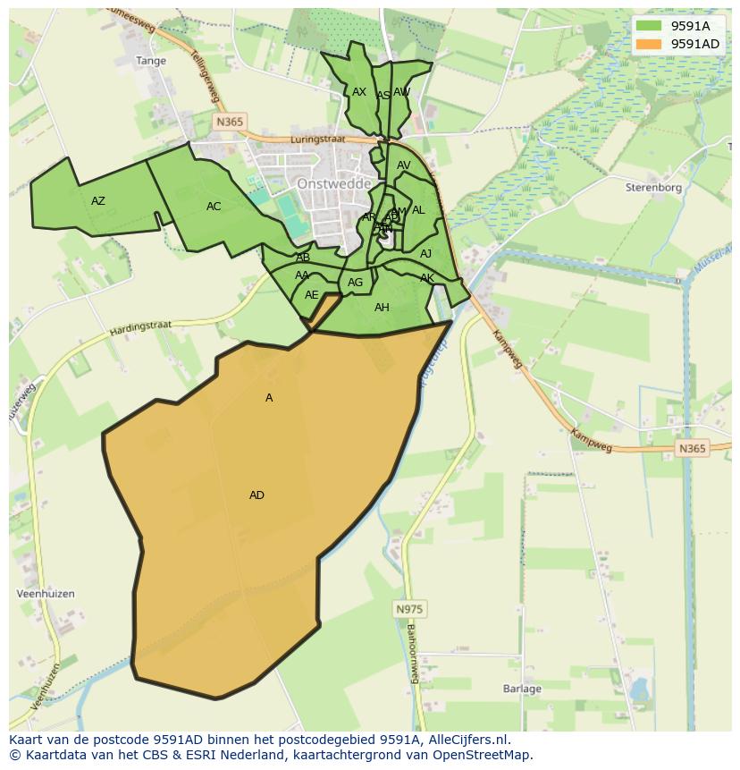 Afbeelding van het postcodegebied 9591 AD op de kaart.