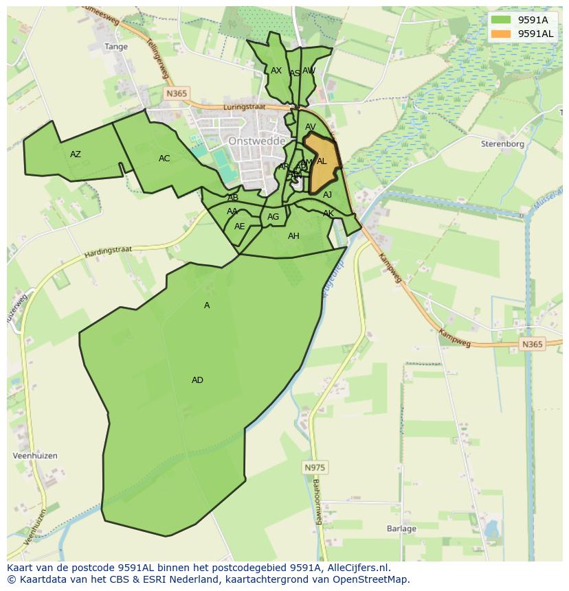 Afbeelding van het postcodegebied 9591 AL op de kaart.