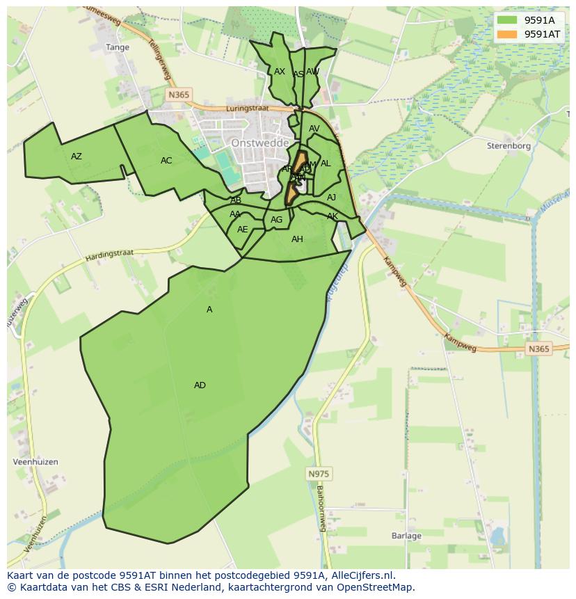 Afbeelding van het postcodegebied 9591 AT op de kaart.