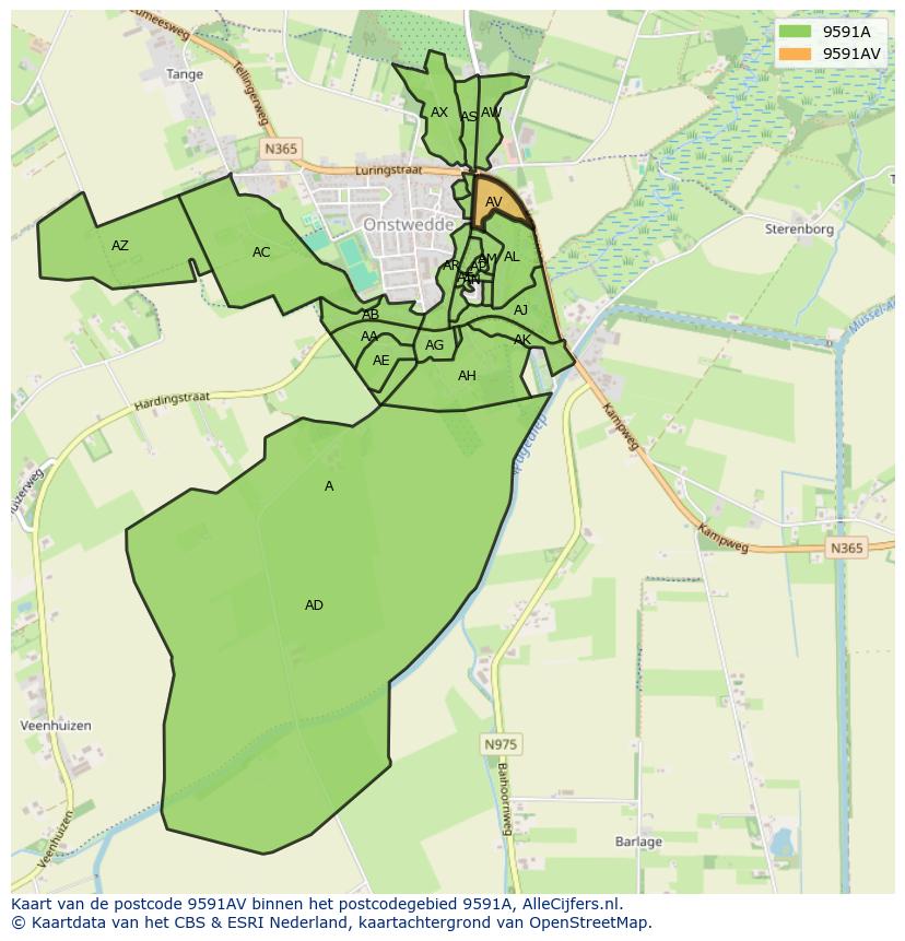Afbeelding van het postcodegebied 9591 AV op de kaart.