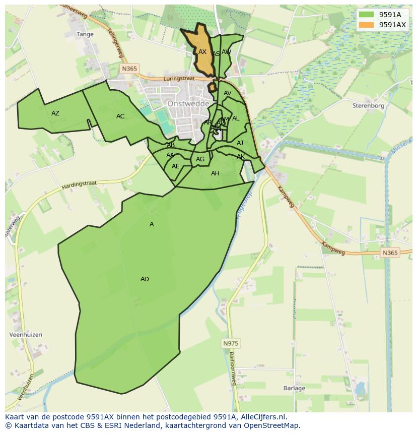 Afbeelding van het postcodegebied 9591 AX op de kaart.