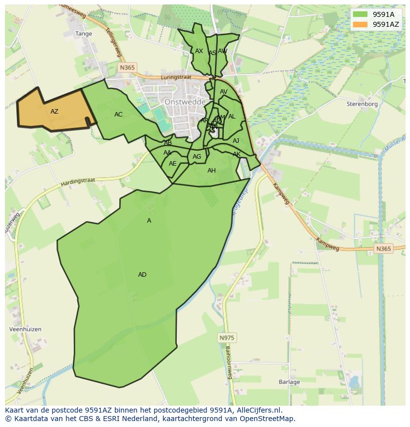 Afbeelding van het postcodegebied 9591 AZ op de kaart.