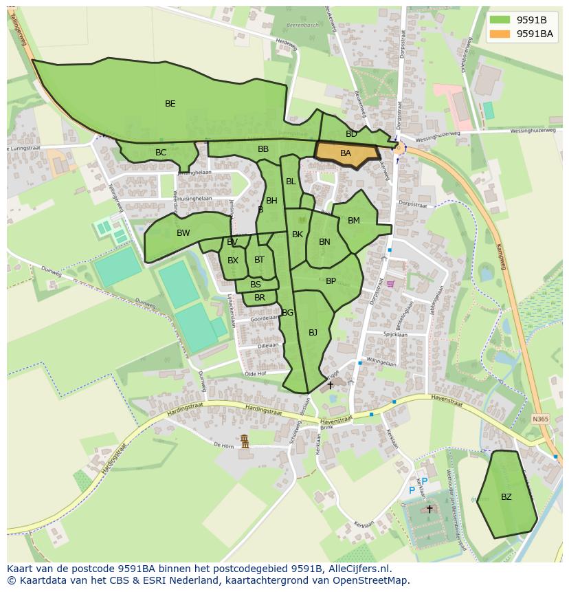 Afbeelding van het postcodegebied 9591 BA op de kaart.