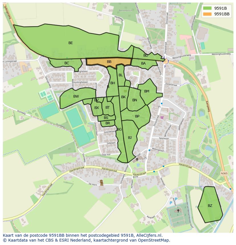 Afbeelding van het postcodegebied 9591 BB op de kaart.