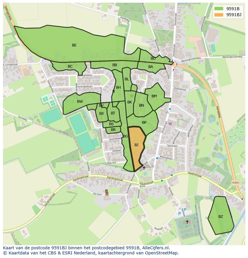 Afbeelding van het postcodegebied 9591 BJ op de kaart.
