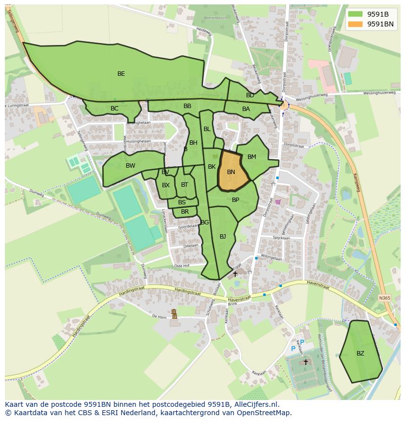 Afbeelding van het postcodegebied 9591 BN op de kaart.