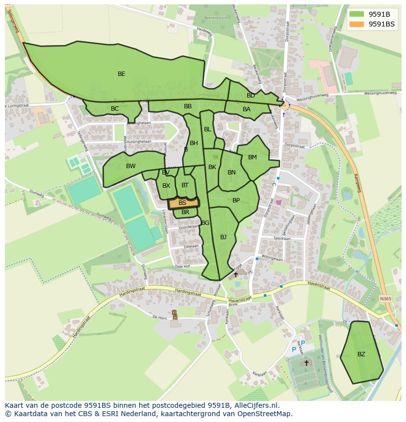 Afbeelding van het postcodegebied 9591 BS op de kaart.