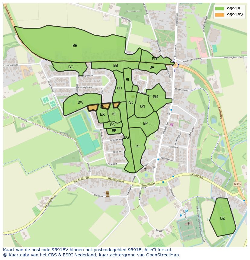 Afbeelding van het postcodegebied 9591 BV op de kaart.
