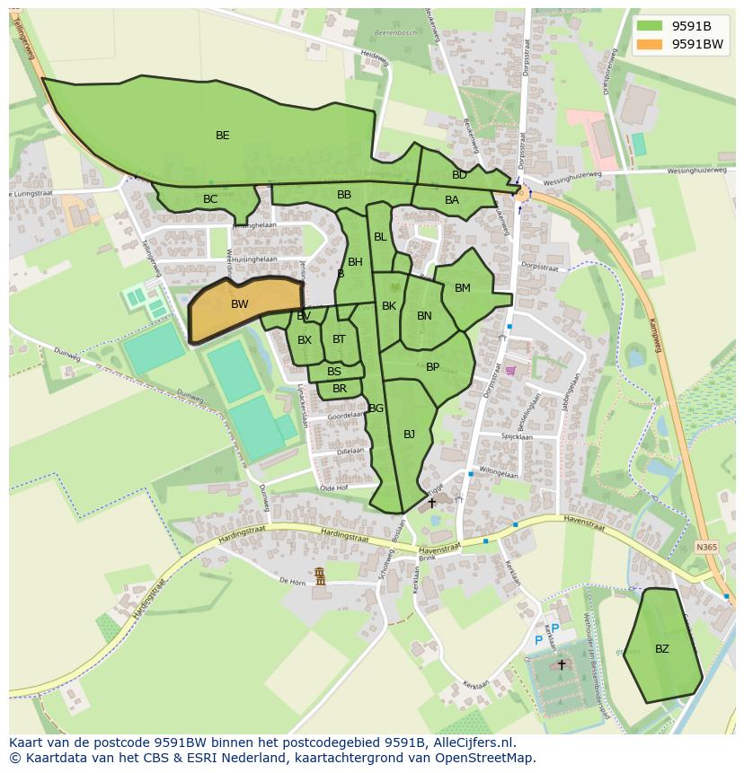 Afbeelding van het postcodegebied 9591 BW op de kaart.