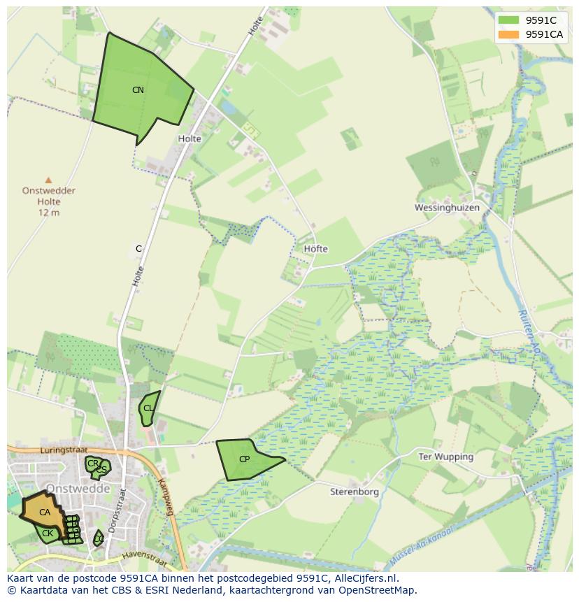 Afbeelding van het postcodegebied 9591 CA op de kaart.