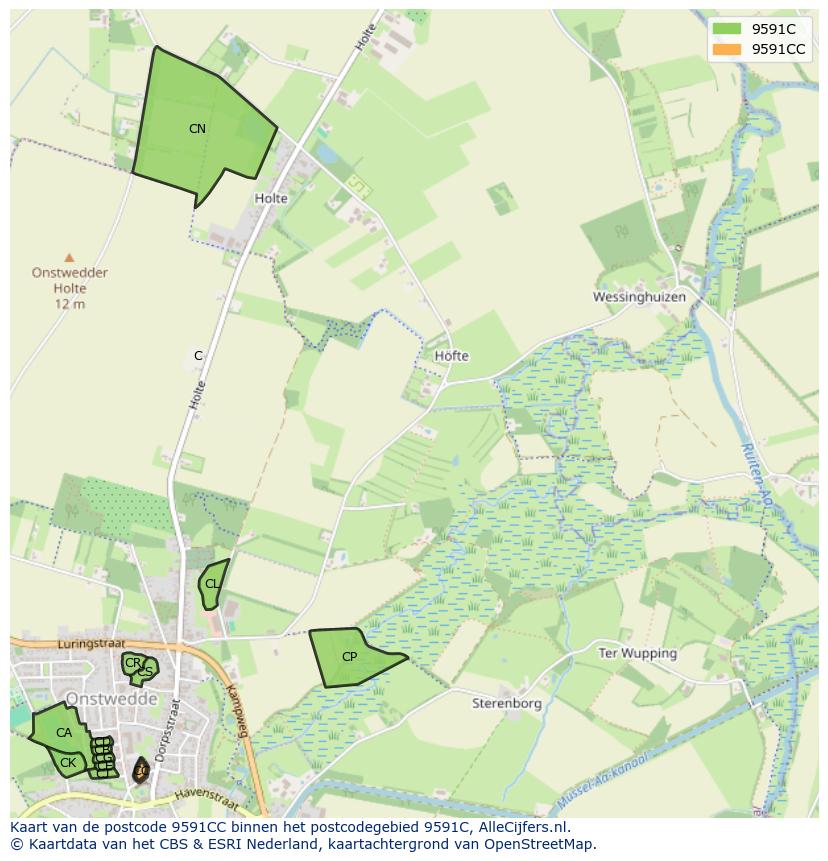 Afbeelding van het postcodegebied 9591 CC op de kaart.
