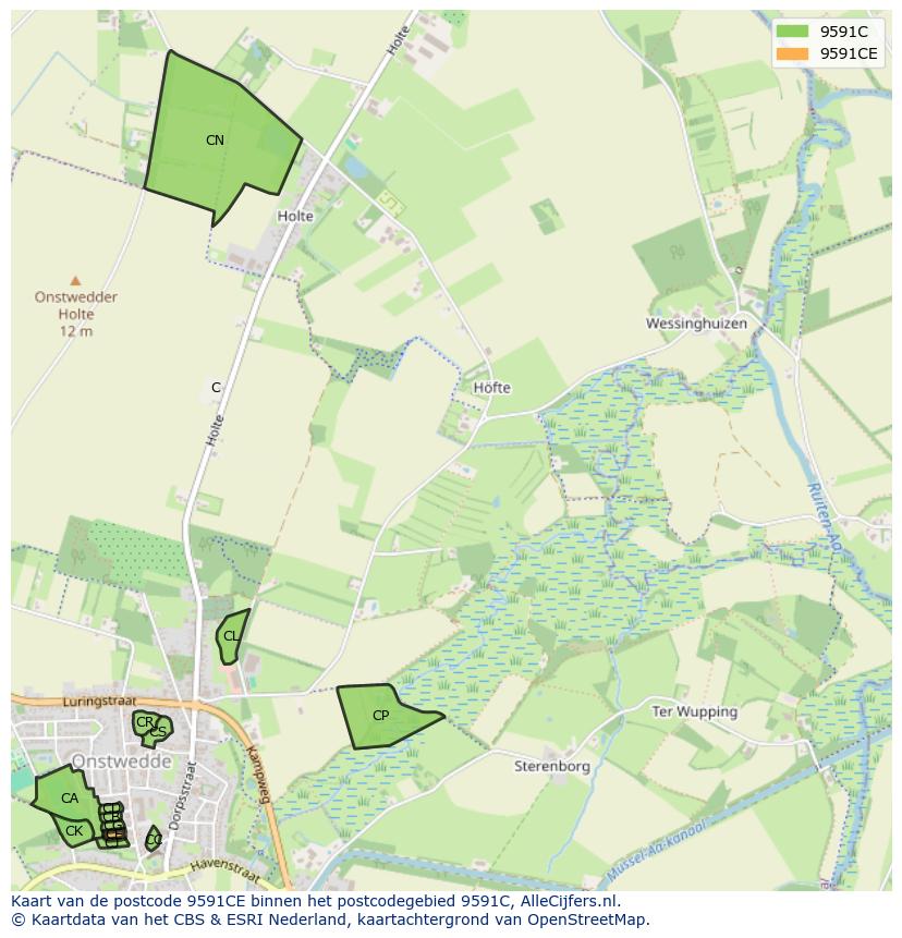 Afbeelding van het postcodegebied 9591 CE op de kaart.