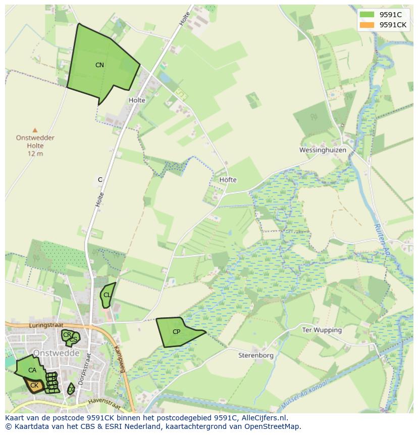 Afbeelding van het postcodegebied 9591 CK op de kaart.