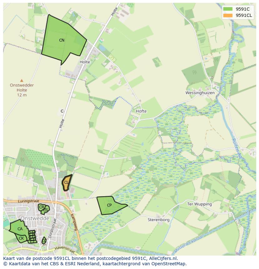 Afbeelding van het postcodegebied 9591 CL op de kaart.