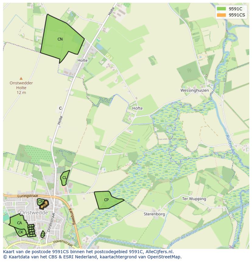 Afbeelding van het postcodegebied 9591 CS op de kaart.