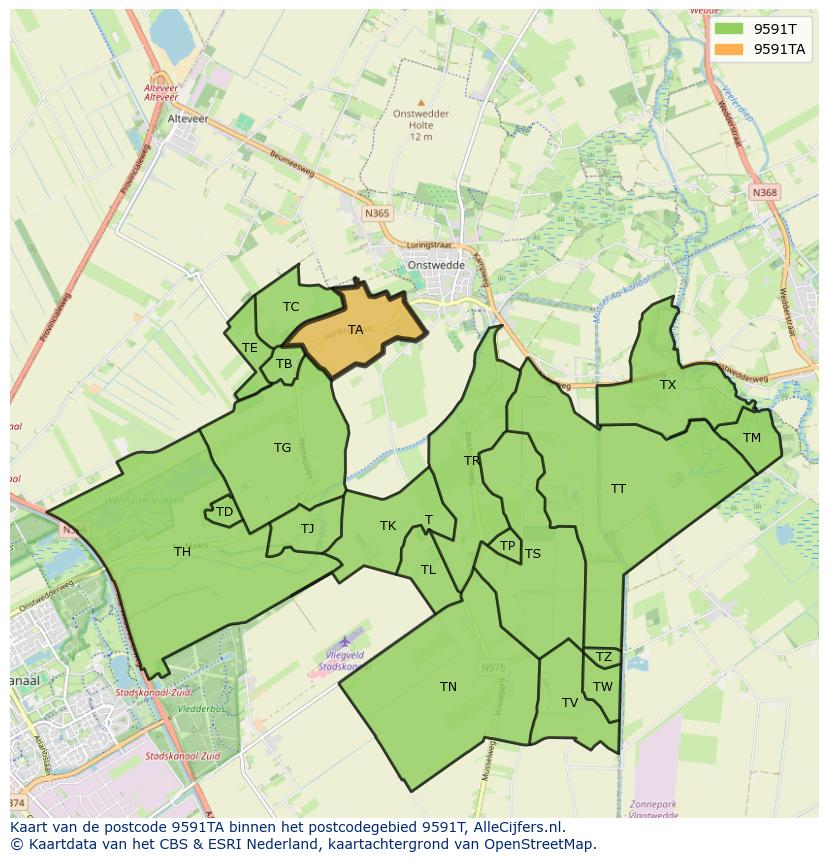 Afbeelding van het postcodegebied 9591 TA op de kaart.