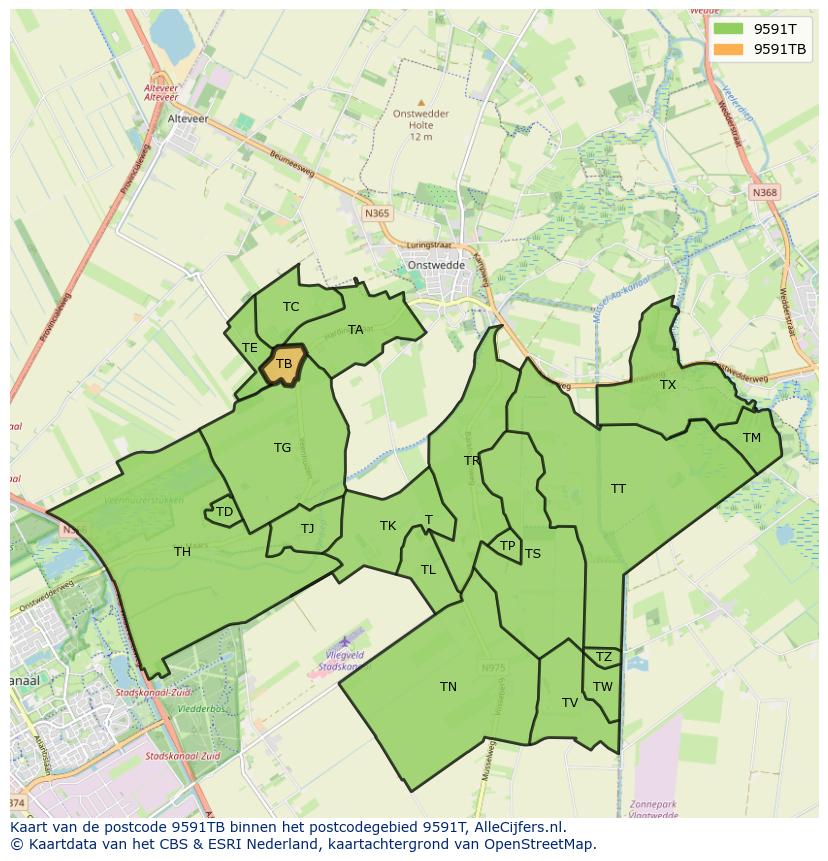 Afbeelding van het postcodegebied 9591 TB op de kaart.