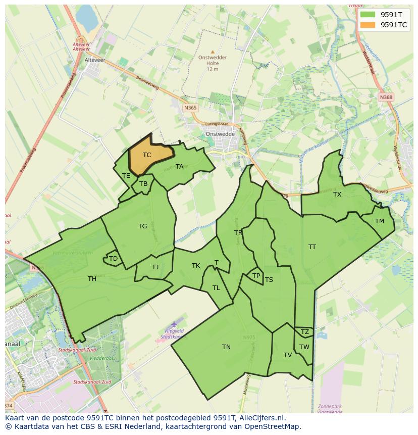 Afbeelding van het postcodegebied 9591 TC op de kaart.