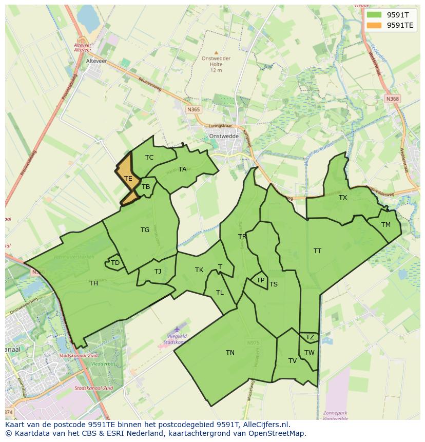 Afbeelding van het postcodegebied 9591 TE op de kaart.